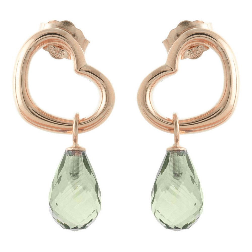 14K. SOLID GOLD HEART EARRING WITH DANGLING NATURAL GREEN AMETHYSTS (Rose Gold) - Picture 2 of 2